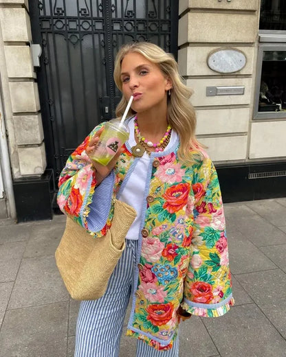Vintage Flower Print Floral Women Cotton Coat Autumn Winter Jacket Thick Warm Streetwear Outerwear Spliced Long Sleeves Overcoat