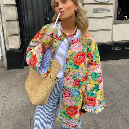 Vintage Flower Print Floral Women Cotton Coat Autumn Winter Jacket Thick Warm Streetwear Outerwear Spliced Long Sleeves Overcoat