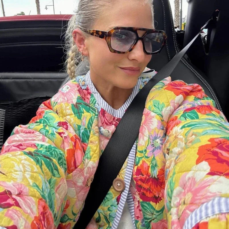 Vintage Flower Print Floral Women Cotton Coat Autumn Winter Jacket Thick Warm Streetwear Outerwear Spliced Long Sleeves Overcoat
