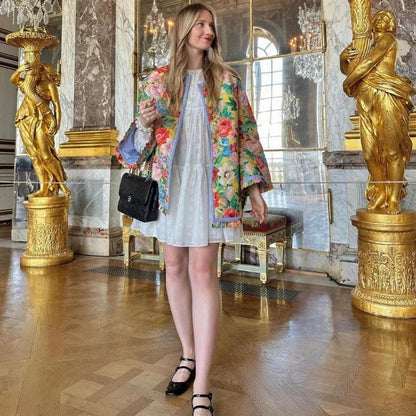 Vintage Flower Print Floral Women Cotton Coat Autumn Winter Jacket Thick Warm Streetwear Outerwear Spliced Long Sleeves Overcoat