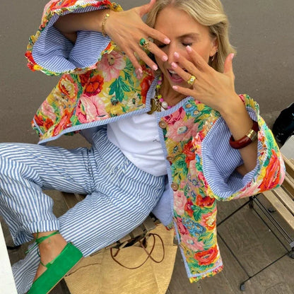 Vintage Flower Print Floral Women Cotton Coat Autumn Winter Jacket Thick Warm Streetwear Outerwear Spliced Long Sleeves Overcoat