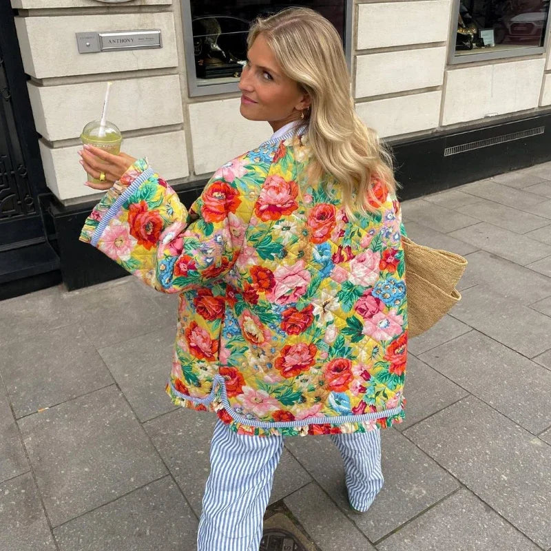 Vintage Flower Print Floral Women Cotton Coat Autumn Winter Jacket Thick Warm Streetwear Outerwear Spliced Long Sleeves Overcoat